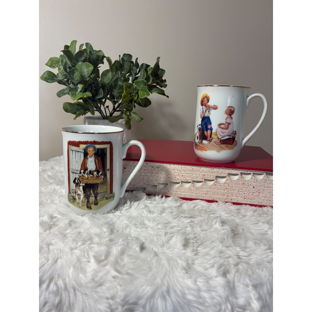 Norman Rockwell Museum Coffee Mugs Set of 2 Music Master Puppy Love Gold Trim